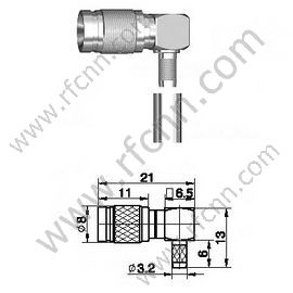 1,0 / 2.3 Ângulo direito masculino para conector RG179 RF